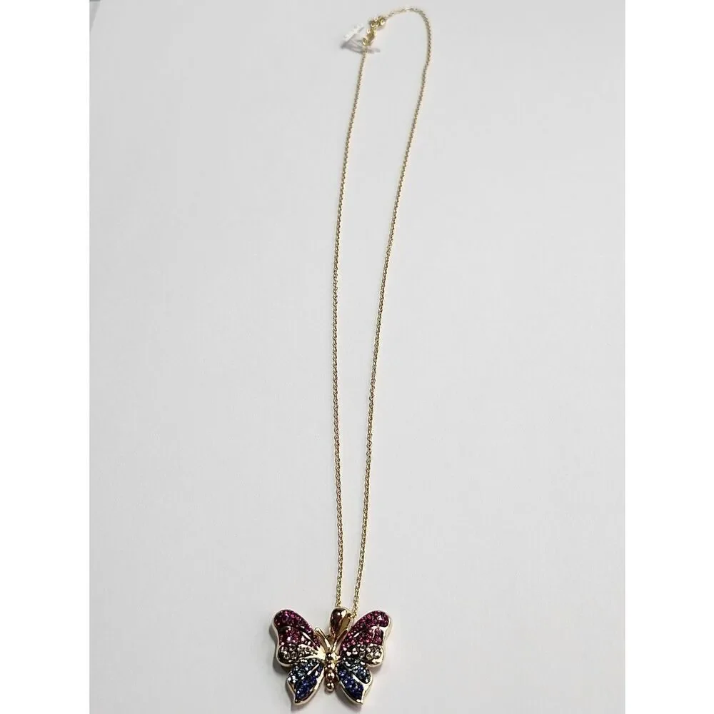 18K Gold Plated Sterling Silver Butterfly Pendant Necklace w/ Pink Blue Crystals